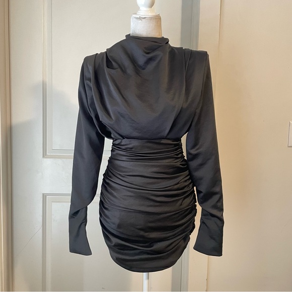 House of CB Giorgiana Ruched High Neck Black Satin Dress SZ S New without tags - Picture 5 of 11